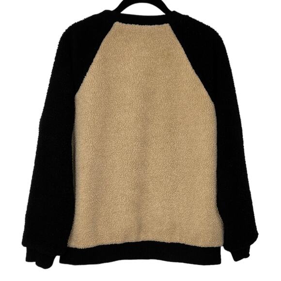 Movint Colorblock Raglan Sleeve Fleece Bomber Jacket L Black Tan Teddy - Picture 8 of 9
